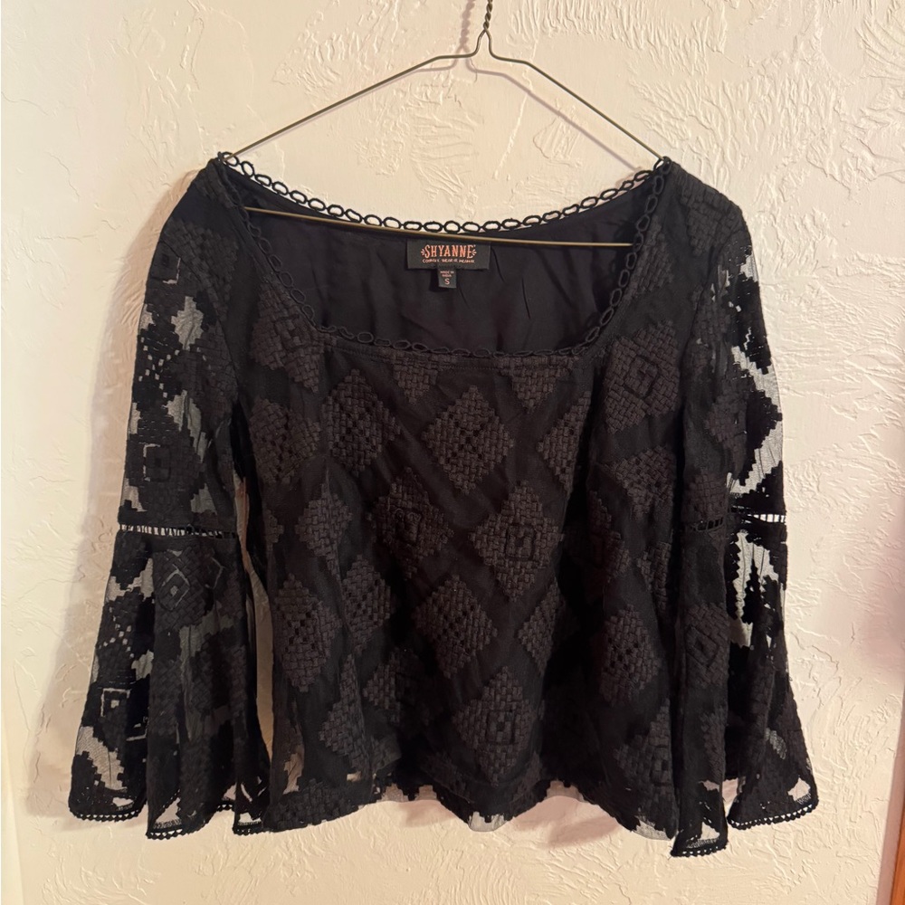 Shyanne Black Cropped Blouse with Embellished Bell Sleeves